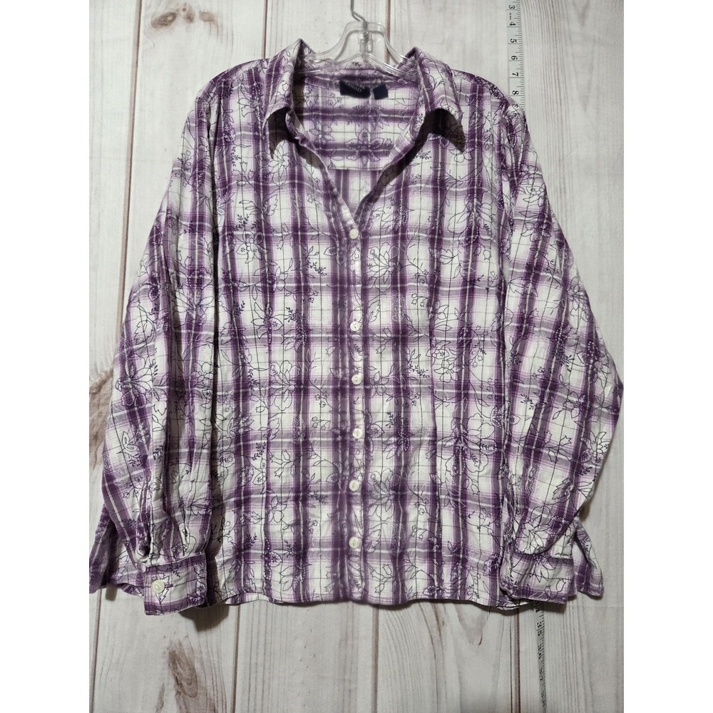 Gloria Vanderbilt Shirt Womens 3X Purple Plaid‎ Floral Button Front Long Sleeve